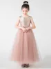 Blush Pink Tulle Flower Girls Abiti Immagine reale Paillettes dorate Fascia alla caviglia Tulle Gioiello A Line Abito formale per bambini Abito da damigella d'onore junior