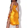 Fashion Satin Side Slit Drawstring Ruched Dress Elegant Party Spaghetti Strap Knee-Length Y2K Clothes Sexy Women Club 210517