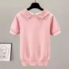 Preppy Style Lalki Kołnierz Krótki Rękaw Dzianiny Topy Kobiety Słodki Kontrast Kolor Knitwear Koszulka Koreański Moda Pullover Tees 210522