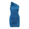 Sexy One Shoulder Ruched Mini Dress Women Elegant Blue Sleeveless Slim Bodycon Summer Package Hip Night Party es Lady 210522
