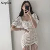 Elegant Lace Hook Flower Sexy Dress Women Drawstring Design Solid Vestidos High Waist Hip Skinny Robe Work Style Ol 210422