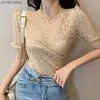 Estilo coreano em v pescoço de manga curta lace top mulheres 2021 verão ocasional oco out elegante tops e blusas camisas femininas