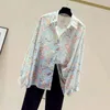 Jesień Koreański styl z długim rękawem Top Kobiety Floral Plus Size Luźna Szyfonowa Bluzka Cardigan Button Up Koszula Blusas 11596 210512