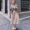 Vintage Patchwork Cortavientos para mujeres Solapa Manga larga Cintura alta con fajas Lace Up Bowknot Abrigo Mujer Otoño 210524