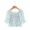 Off Shoulder Floral Summer Blouse Crop Tops Women Boho Lace Up Ruffle Blå Tröja Sheer Beach Blusa Feminias 210427