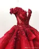 2021 Rote Quinceanera Kleider Ballkleid vor Schulter 3D Blumen Appliqued Perlen Girls Pageant Kleider Formale Prom Dress Sweep Zug BC2461
