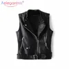 Aelegantmis Svart Casual Slim PU Läder Vest Kvinnor Grundläggande dragkedja Kort Motorcykel Waistcoat Kvinna Faux Västar 210607