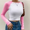 HEYounGIRL Casual Patchwork Long Sleeve Crop Top T Shirt Fashion Basic Cotton Tshirt Women Fashion Slim Korean Tee Shirt Femme Y0629