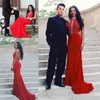 Sexy Red Mermaid Prom Dresses High Neck Illusion Major Beaded Pearls Formalna Wieczorowa Party Gown Robe De Soiree