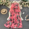 Summer Perspective Net Yarn Vestidos Female Puff Sleeve Stitching French Elegant Printing Waist Slimming Midi Dress GK632 210506