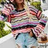 Aproms Multi Color Blocked Knitted Pullover Women Summer Casual Flare Sleeve Hollow Out Sweater Cool Girls Fashion Jumper 211217