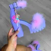 purple blue red fur female fur sandals platform heels chunky heel platform shoes and ankle strap high heels X0523