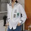 Yitimuceng молния блузка женские рубашки свободные белые весенние мода корейский с длинным рукавом моряк воротник колледж стиль новейшие 210601