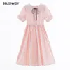 Japanese Preppy Style Summer Women Dresses Peter Pan Collar Bow Plaid Short Sleeve Elegant High Waist Sweet Midi 210520