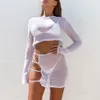 Women Sexy Mesh Beach Cover Up Sunscreen 2 Pieces Suits Long Sleeve See Through Sheer Cropped Top and Hollow Out Skirts Sets 210517