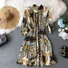 Women Chiffon Print Dress Summer Knee-Length Office Lady Sashes A-line Long Sleeve Mandarin Collar Ladies Chic Vestidos 210625