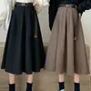 Кимутомо Женщины юбки осень зима корейский стиль женский повседневная твердая с поясом эластичная талия a-line юбка для юбки мода 210521