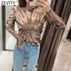 Zevity Frauen Chic Tie Dye Druck Transparent Mesh T Shirt Damen Langarm Tinte Malerei Casual Slim Freizeit Tops LS7392 210603