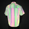 Chemises réfléchissantes pour hommes à manches courtes Casual Oversize Mens Chemise Summer Nightclub Night Running Chemise Homme Rainbow Camisas 210524