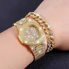 Hyperbole Rock HipHop Miami Curb Cuban Chain Gold Iced Out Pavimentato Strass CZ Bling Rapper per uomo Fashion Watch Collana Gift X0509