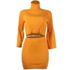 Seksowne 2 sztuk Zestaw Mini Spódnicy Stroje Crop Top Flare Rękaw Sweter Sukienka Kobiety Jumper Garnitur Rib Winter Orange Blazer Dzianiny 210517