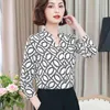 Bayanlar Kore Kadınlar Tops Moda Uzun Kollu Baskı Gömlek Seksi V Yaka Ofis Bayan Bluz Blusas Mujer de Moda 8214 50 210508