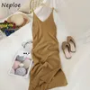 A-Line Knit Dress Women V-Neck Spaghetti Strap Sexy Dresses Summer Fashion Female Sleeveless Mid-Calf Elegant Vestidos 210422