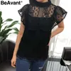 Beavant Vintage Ruffle Lace Women Blouses and Tops Embroidery White Blouse Shirt Top Memale O Neck Summer Elegant Blusas Black210709