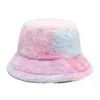 Breite Krempe Hüte Winter Frauen Eimer Hut Mode Batik-imitat Pelz Warme Outdoor Panama Kappe Sonne Regenbogen Farbe Kappen