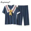 Navy Collared Chic Kvinnors Pajama Set Summer Shorts Bomull Homewear Stor storlek 3XL 4XL 5XL Kvinna Sleepwear Soft 210809