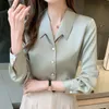 Koreanska kvinnor silke skjortor satin blouses långärmad toppar kvinna vit plus storlek beading 220308