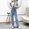 Fashion Summer Streetwear Women Short Sleeve Floral Pullover Knitting Top+Hole Jeans Pants Suit Two Piece Clothing Casual Outfit 210601
