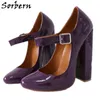 SORBERN紫色の女性のドレスシューズポンプメアリージャンネスラウンドトゥブロックヒールフェチ靴クロスドレスハイヒールの大きいサイズEU34-EU48カスタムカラー