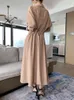 Primavera elegante escritório mulheres chiffon vestido cor sólida vintage manga comprida senhoras maxi a linha fema robe 210514