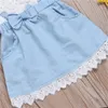 Meisje kant bowknot beugels denims suits zomer chiffon kant katoen mouwloze t-shirt korte rok jurk pak baby kleding groothandel 739 v2