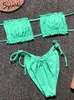 Syiwidii ​​Mayo Kadın Mayo 2 Parça Set Seksi Bikini Pembe Bandeau Pileli Yüzme Beachwear Yeşil Baskı Thong 210712