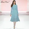 Moda Tasarımcısı Elbise İlkbahar Yaz kadın Elbise Uzun Kollu Dantelli Ruffles Nokta Şifon Elbiseler 210524