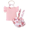 Clothing Sets Baby Girl Outfits 0-18M 3pcs Infant Girls Clothes Ruffles Sleeve Solid T Shirts Flowers Overalls Shorts Headband