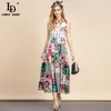 Summer Fashion Designer Vacation Midi Dress Women Scollo a V Stampa floreale multicolore Peplo Party Elegante 210522