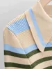 90'S Vintage Knitting Contrast color Striped open Lapel Long sleeve Bodysuit Woman Short Jumpsuit Slim fit Rompers Playsuits 210429