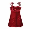 Elegant sexig velour spaghetti strap klänning kvinnor bandage lacing up trä öron ruffles mini party sling mode 210429