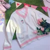 V-nacke söt preppy stil tröja kvinnor färska persika jordgubb broderi pullovers panelade patchwork stickade toppar 210422