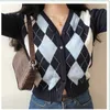 Vintage Geometrische Argyle Sweater Cardigan Vrouwen Herfst Knit Lange Mouw V-hals Bovenkleding Elegante Gebreide Dames Truien 211018