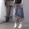 Spring Arts Style Kobiety Elastyczna Talia Vintage A-Line Długa Spódnica Patchwork Drukuj Bawełna Denim Wysokiej Jakości S812 210512