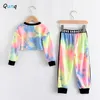 Qunq Girls Sportswear Fashion Colorful Tie-Dyed Spring Fall Kids Tracksuits for Girls Tops High Waist Pant Children Clothing Set X0902