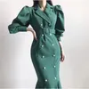 Herbst Frauen Vintage Elegante Schlanke Meerjungfrau Kleider Weibliche Zweireiher Puff Ärmeln Maxi Lange Vestidos 210520