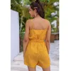 Strap Backless Polka Dot Yellow Rompers Playsuit Overaller för Kvinnor Casual Sash Wide Leg V Neck Summer Beach Romper 210427