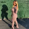 Kliou Ribbed Stickad Solid Två Piece Sats Kvinnor Drawstring Crop Tops + Sträckt Ruched Side Slit Leggings Outfits 210819