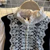 Woherb Vintage Lace Crochet Floral Blusa Mulheres Doces Ruffles Beading Single Breasted Shirts Lantern Manga Veludo Blusas Tops 210317