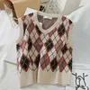 Preppy stijl gebreide vest vrouwen gebreide argyle trui vest mouwloze plaid vest herfst korte uitloper chalecos para mujer 210817